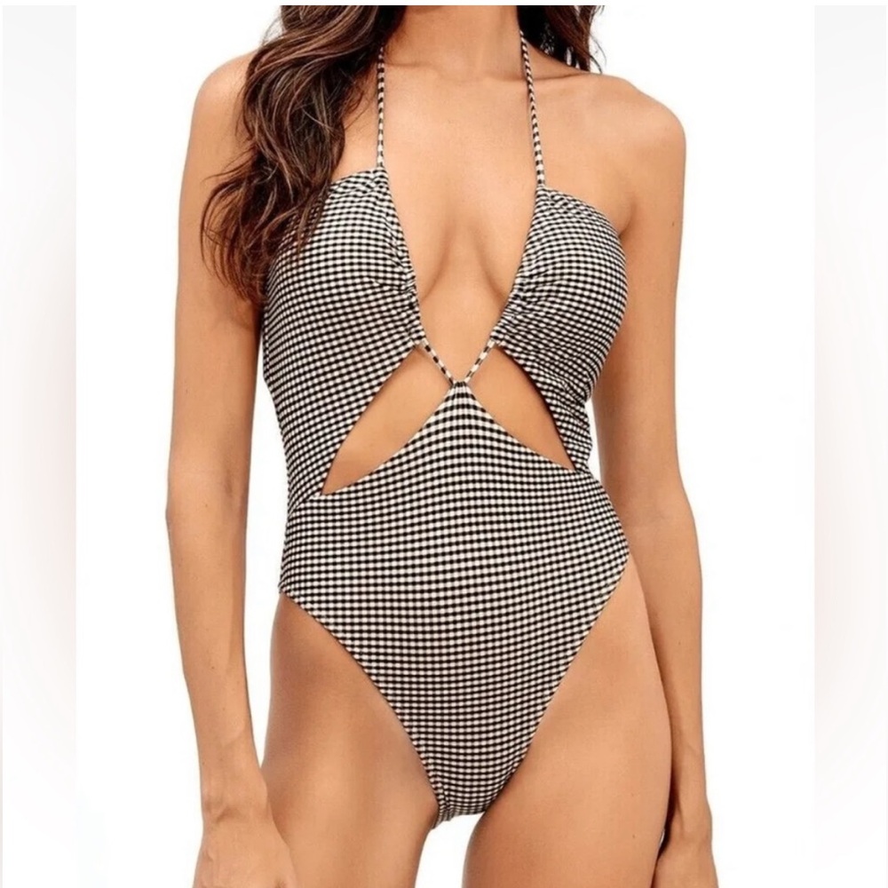 New VIX Lupita Eve One Piece Cut Out Black White Gingham Print Sexy Swimsuit S